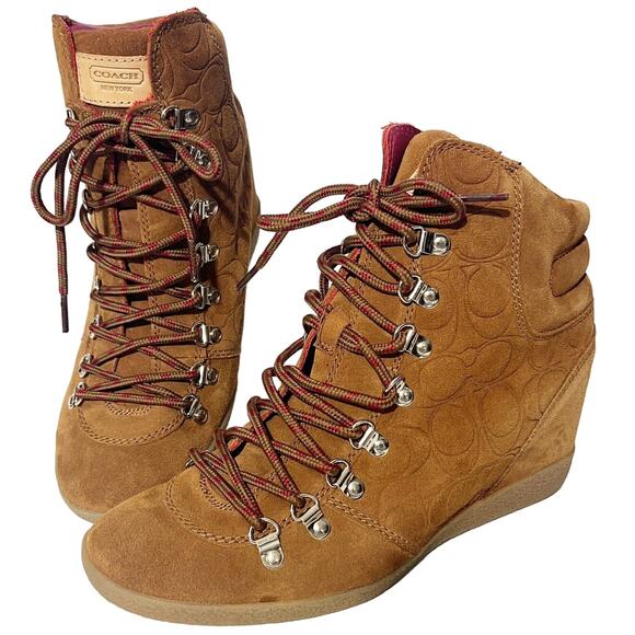 Coach Shoes - Coach Womens Sz 10 Noelle Suede Lace Up Hidden Wedge Work Utility Booties Brown